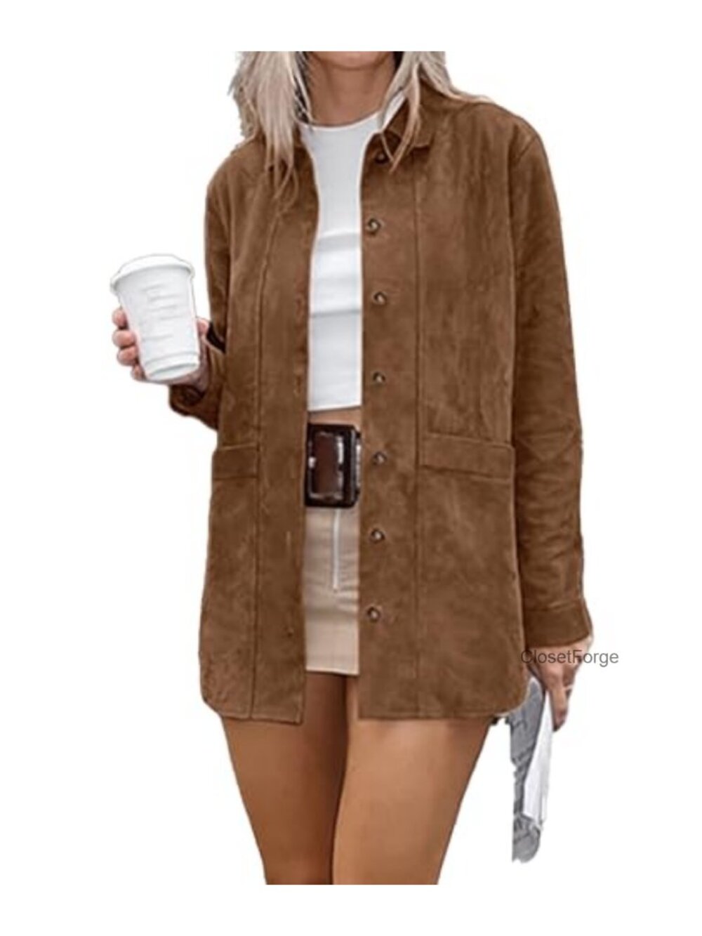 Faux Suede Leather Jacket Button Down Boyfriend Midi Shacket